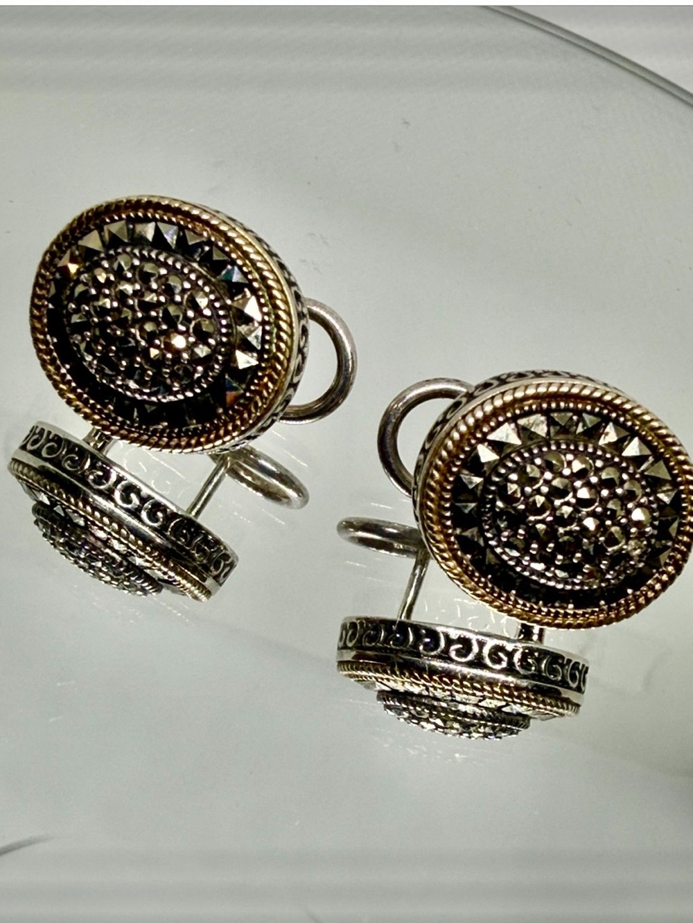 Vintage-Inspired Marcasite Stones Sterling Silver w 10K gold Pierced Earrings